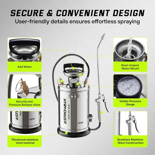1.5 Gallon Stainless Steel Pump Sprayer with 20" All-Steel Wand & 4FT Reinforced Hose for Lawn Care, Weed Treatment & Pest Control, Includes Viton & EPDM Seals, Gloves - size: 1.5G/6L