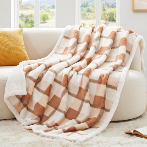 PU MEI Super Soft Faux Rabbit Fur Sherpa Fleece Throw Blanket, Reversible Luxury Cozy Cute Furry Blanket, Plush Warm Shaggy Fluffy Checkered Blankets for Sofa Couch Bed (Beige-Plaid, 60" x 80") - color: Beige-plaid, size: 60"*80"
