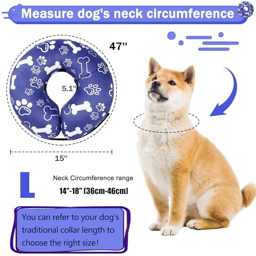 Recovery Donut Collar for Dogs & Cat,Inflatable Dog Cone Collar Alternative After Surgery,Soft Cone for Large Medium Small Dog,Adjustable Pet Neck Donut(Darkblue Bone,Large - color: Darkblue, size: L（neck 14"-18"）
