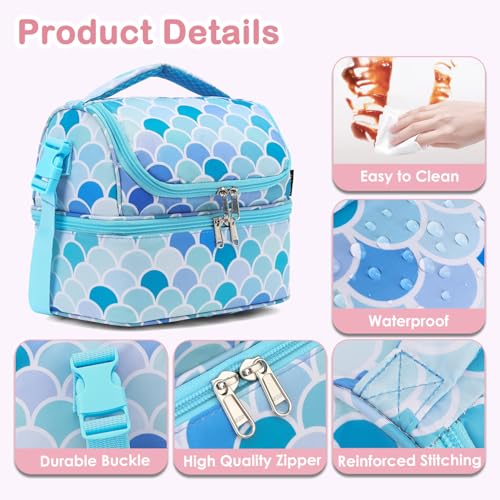 FlowFly Double Decker Cooler Insulated Lunch Bag Large Tote for Boys, Girls, Men, Women, With Adjustable Strap (Mermaid) - color: Mermaid