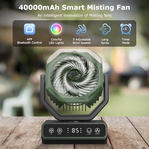 V JULES.V Portable Fan for Bedroom,40000mAh Rechargeable Desk Fan with Smart APP Remote Control,Misting Fan with RGB Lights,Timer,5 Speed Camping Fan for Travel,Tents,Beach,Office,Outdoor-Army Green