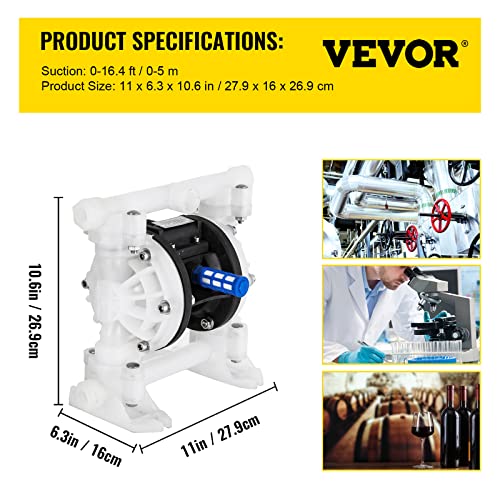 VEVOR Air-Operated Double Diaphragm Pump, 1/2 in Inlet & Outlet, Polypropylene Body, 8.8 GPM & Max 120PSI, PTFE Diaphragm Pneumatic Transfer Pump for Petroleum, Diesel, Oil & Low Viscosity Fluids - size: 8.8 GPM