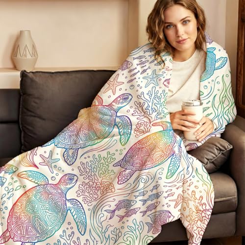 Rainbow Mandala Sea Turtle Throw Blanket, Flannel Fleece 40" x 50" | Yujiiso Rainbow Mandala Sea Turtle Blanket Lightweight Decor for Living Room, Bedroom, Office and Travel, Home Decor Gift - color: Rainbow Mandala Sea Turtle, size: 40"x50"