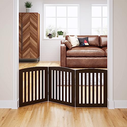 PAWLAND Wooden Freestanding Foldable Pet Gate for Dogs, 24 Inch H, 3 Panels | Dog Gate for Doorway, Stairs, the House, Step Over Fence Indoor, Extra Wide, Room Divider, Front Door, Hallway, Espresso - color: Espresso, size: 24" Height-3 Panel