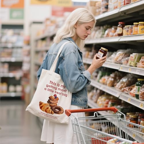 Aesthetic Canvas Tote Bag for Women - with Magnetic Snap Closure & Zipper Inner Pocket Reusable Totes Bag - color: Treatfood1