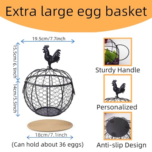 Wire Egg Basket for Gathering Fresh Eggs with Handle | Metal Egg Holder Countertop | Farm Fresh Egg Collecting Basket and Storage Holder | Suitable for Kitchen, Countertop and Farm (About 36 Eggs)
