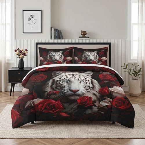 WeCozy Full Comforter Set, 3 Pieces White Tiger Bedding, All Season | Wild Animal Beautiful Red Rose Flower Soft Comforter with 2 Pillowcases for Kids and Adults Room Bedroom Bed Decor - color: Multi 6, size: Full