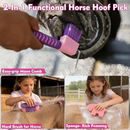 Horse Grooming Brush Kit, 9Pcs Horse-Brush Set with Organizer Tote Bag, Shower Brushes, Braiding Comb, Sweat Scraper, Hoof Pick, Shedding Massaging Tool Supplies for Riders Beginners, Pink - size: 9 Count (Pack of 1)