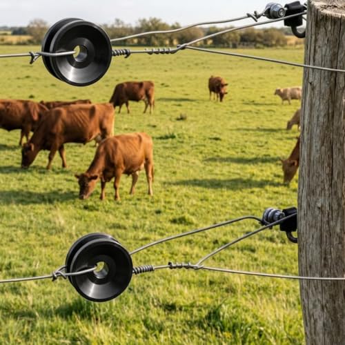 50 Pack Corner Post Electric Fence Insulators, Durable | Black Circular Ring Farm Fence Polywire Insulator, Plastic Donut Corner Polyrope Insulators for Post Wire Fence