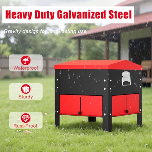 Portable Metal Chicken Feeder, Freestanding Chicken Feeder with Top-Sloped Waterproof Lid, No Waste Gravity Poultry Feeder for Hens and Ducks, 80 lbs Large Capacity