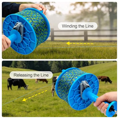 Prewound Polywire 1500ft onto Electric Fencing Hand Reel, Perfect for Rotational Paddocks and Quick Temporary Fencing - Handheld Farm Garden Livestock Fencing