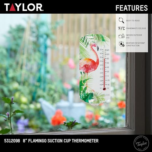 Taylor Flamingo Indoor Outdoor Suction Cup Thermometer, Decor for Patio, Pool, or Garage, 8 Inch, Multi - style: Flamingo