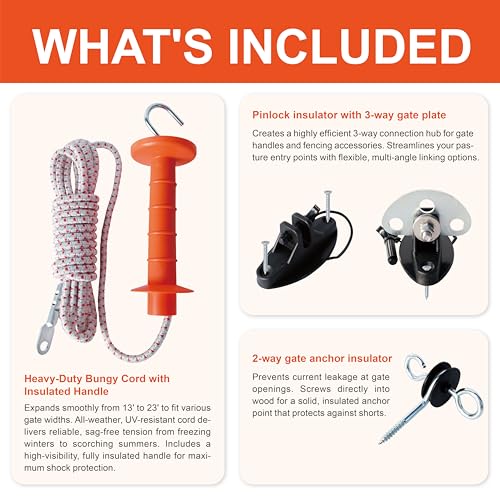 3 Pack Electric Fence Bungy Gate Kit - Expands 13ft to 23ft Heavy Duty Bungee Rope Gate for Livestock and Horses | Includes Insulated Handle, Pinlock 3-Way Insulator & Anchor for Farm Pasture Fence
