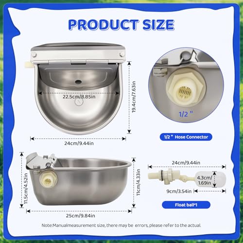 304 Stainless Steel Automatic Water Bowl for Dogs,Chickens& Livestock | 2.5L Auto-Fill Float Valve Waterer for Horse & Poultry,Outdoor Self-Filling Water Dispenser with Drain Hole ,2 Float Valve