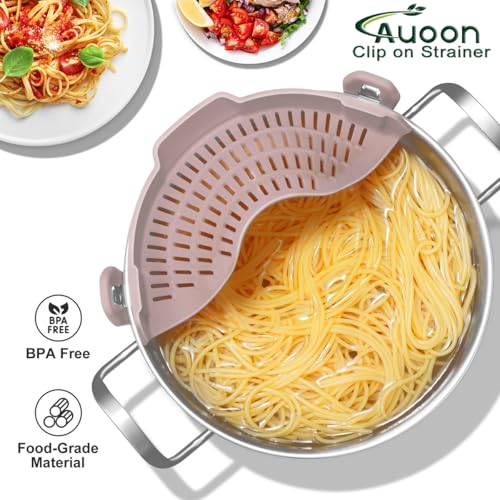 AUOON Pot Strainer Clip on Silicone, Large 10.45 x 4.33 in, Almond Rose | Fits Pots Pans Bowls, Dishwasher Safe, for Pasta Noodles Vegetable Fruits, Space-saving Kitchen Gadget - color: Almond Rose, size: Large 10.45 x 4.33 in