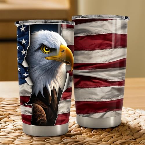SANDJEST Eagle Tumbler 20oz Stainless Steel Insulated Coffee Travel Mug Cup American Flag Eagle Gifts for Men, Veterans on Birthday Christmas - color: Eagle