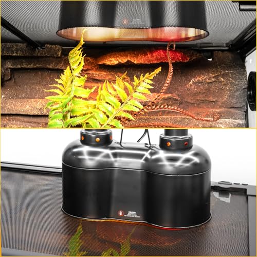 REPTI ZOO Dual Reptile Light Fixture, Max 150W Dual Dome Heat Lamp Fixture with Independent Switches Reptile Tank Accessories UVB Light Fixture (Bulb Not Included)
