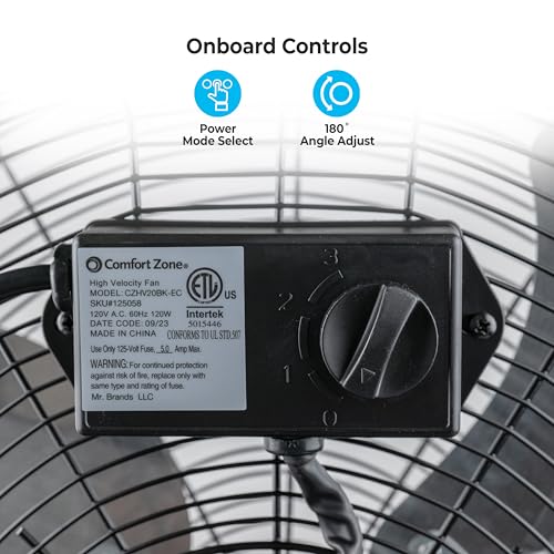 Comfort Zone 20-Inch High-Velocity Industrial Floor Fan, Heavy-Duty 3-Speed Metal Shop Fan with 180° Adjustable Tilt & Carry Handle, Quiet Vibration-Free Cooling for Garage, Workshop, & Home - size: 20"