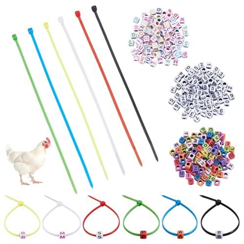 NBEADS 120 Pcs Adjustable Chicken Leg Bands, 6 Colors Nylon Cable Ties with 300Pcs Mixed Cube Acrylic Beads Poultry Identification Leg Rings for Turkey Duck Goose Bird Supplies 0.24x0.24x0.24 inch
