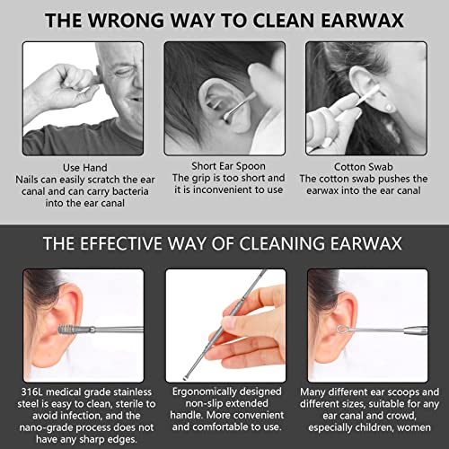 Hion 8 Pcs Ear Wax Removal Kit,Professional Double-Headed Ear Pick Earwax Removal Tools,316L Stainless Steel Ear Cleaner Curette with Cleaning Brush and Storage Box,Suit for Kid Adult(Silver) - color: Silver
