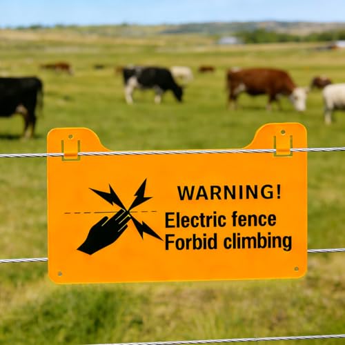 QMARK Electric Fence Warning Signs, Yellow Plastic, 8 x 5 Inch, 10 Pack | Double-Sided, High Voltage Danger Sign, Forbid Climbing Sign, For Farm Ranch Home
