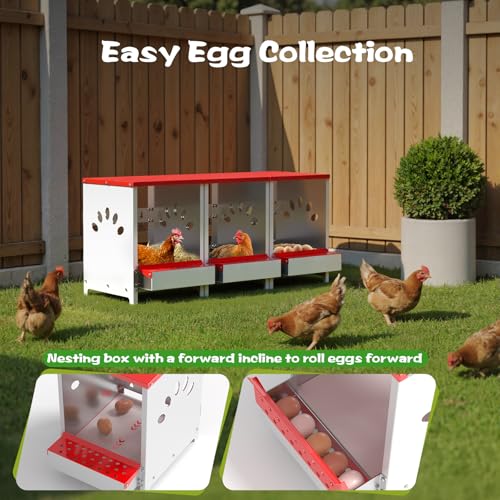 Chicken Nesting Boxes 3 Hole, Large Metal Hen Laying Box with Swing Perch | Roll Away Egg Collection, Wall Mountable with Vented Holds for Chickens Ducks Birds - size: 12.2"L x 9.9"W x 15.4"H