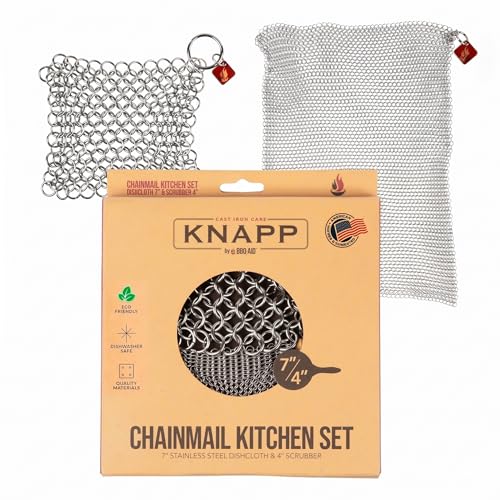 Knapp Made Cast Iron Chainmail Scrubber Kitchen Set - 4" and 7" Sizes. Premium Stainless Steel Cleaner for Your Finest Pots, Pans, and Kitchenware