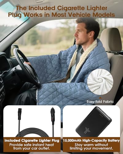 Heated Camping Blanket Battery Operated, 12V Cordless Heated Blanket with 15000mAh Battery, Wearable Heated Camping Blanket (Blue) - color: Blue