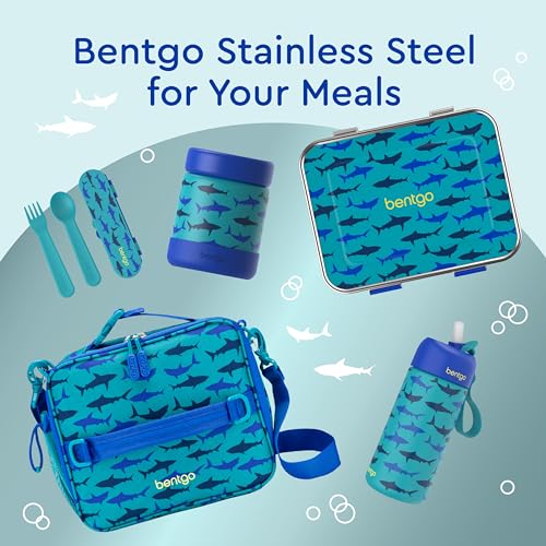 Bentgo Kids Stainless Steel Leak-Proof Food Jar for Hot or Cold Food | 11 fl oz Double Insulated Container with Removable Silicone Bumper, Dishwasher Safe, Easy Open Lid, Ages 3+ (Sharks) - color: Shark