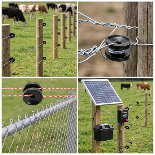50 Pack Corner Post Electric Fence Insulators, Durable | Black Circular Ring Farm Fence Polywire Insulator, Plastic Donut Corner Polyrope Insulators for Post Wire Fence