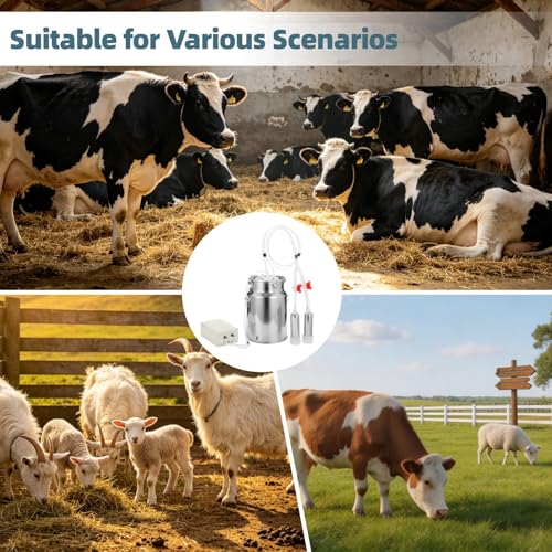 2 in1 Goat and Cows Milking Machine, 10L/2.6 Gallon Electric Milker Machine, Portable Rechargeable Cow Milker Machine with Vacuum Pump and Stainless Steel Bucket & Cleaning Brush