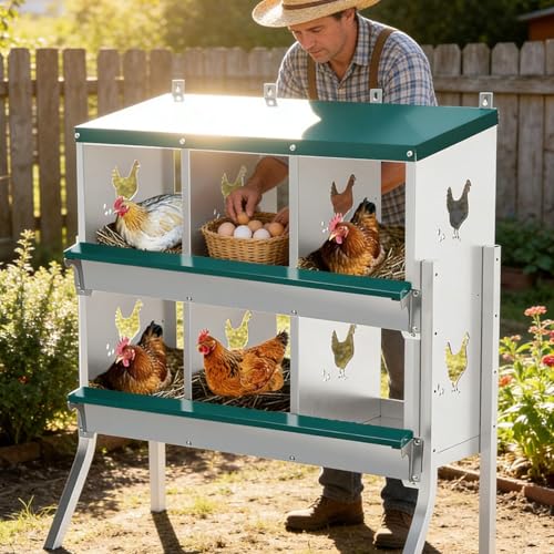 Chicken Nesting Box, 6 Compartments Nesting Box with 4 Fake Eggs & 10 Soft Nest Pads, Wall Mounting for Easy Egg Collection, Heavy Duty Galvanized Steel Rustproof Laying Box with Vented & Easy Clean - size: 6 compartment with Legs