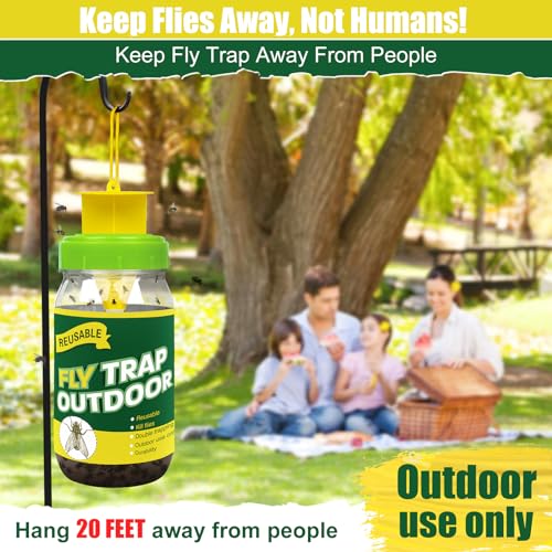 4 Fly Traps Outdoor for Patio with 4 Bait, Reusable Bug Catcher Bottle Jar | Flies Bug Insect Trap Control Outdoor Hanging for Outside Barns, Stable, Farm, Patio, with Natural Bait Refills Lure