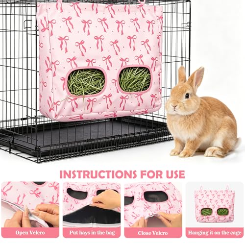 JarThenaAMCS 2Pcs Rabbit Hay Feeder Bag with 2 Holes Pink Bow Guinea Pig Hanging Hay Feeding Bag Large Storage Dispenser for Chinchilla Hamster Bunny Small Animal Pet - size: 13 x 11.4 inch