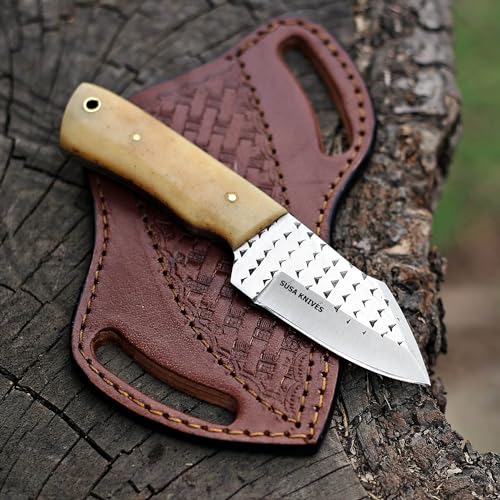 Custom Handmade 7'' fixed blade hoof rasp knife/Cow boy knife/Damascus steel Bull cutter knife, cowboy knives with pancake leather sheath (SUSA 120) - color: SUSA 120