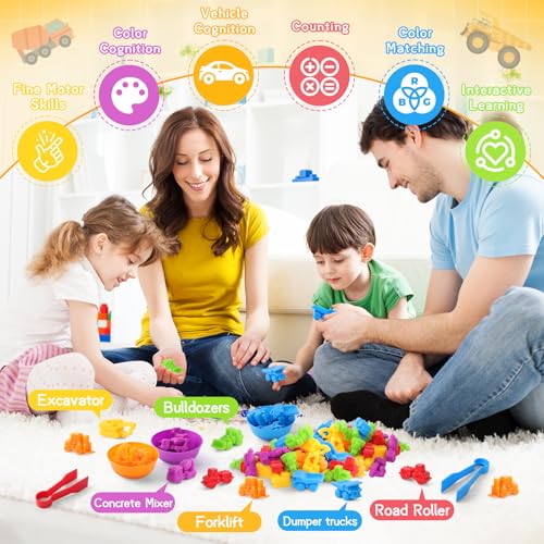 RAEQKS Counting Sorting Toys Matching Stacking Games with Bowls Sensory Preschool Learning Activities Educational Montessori Stacking Toy Gifts Sets for Kids Aged 3 4 5 Years Old Boys Girls - style: Construction vehicles