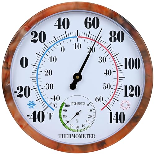 10 Inch Indoor Outdoor Thermometer Hygrometer Combo | Large Dial Analog Temperature Humidity Gauge, Wall Mount Weather Thermometer for Home Patio Greenhouse Garage Room - color: Brown