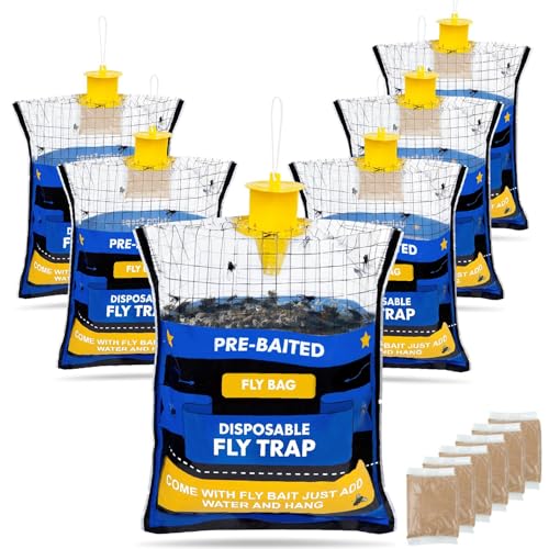 6 Pack Disposable Fly Traps Outdoor, Hanging Fly Bags for Patio Farm Ranch | Fly Hunter with Bait for Flying Insects, Waterproof Fly Catcher for Chicken Coop Barn - size: 6 Packs