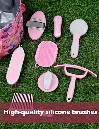 Harrison Howard Complete Horse Grooming Set, 11-Piece Advanced Daily Grooming Tools with Extra Brushes for Full Horse Care Pink Brushstroke Ponies - color: Pink