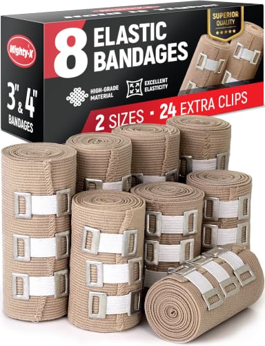 Premium Elastic Bandage Wrap - 8pk (4x3in, 4x4in) + 24 Extra Clips | Strong Compression Bandage Wrap for Leg, Arm, Wrists, Elbow, Ankles, Feet and Knees - for First Aid Kit and After Surgery - size: 8 Pack