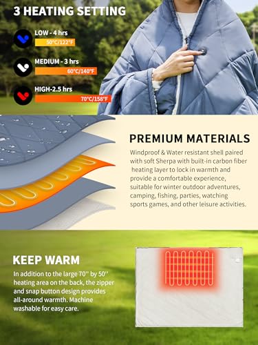 Wearable Heated Blanket,12V Cordless 15000 mAh,3 Heating Set | Cordless heating pad design,Battery Operated,Sherpa Lining,Heated Shawl Throw Blanket for Car,Camping,Backpacking,Hiking - color: Gray