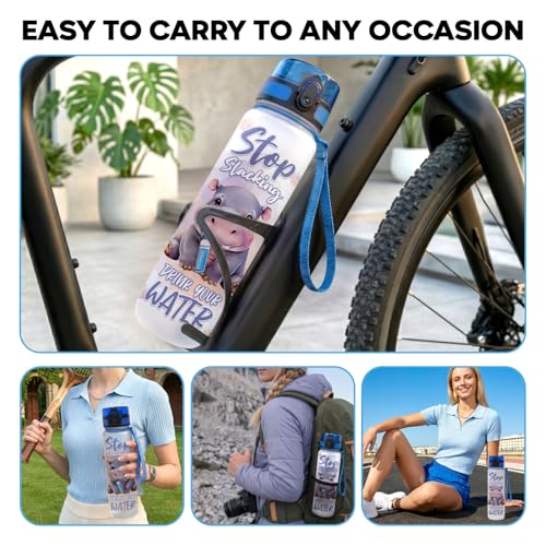 Cute Hippo Hydration Water Bottle 32oz, Stop Slacking Drink Your Water Motivational Bottle, Funny Hippopotamus Animal Gift for Women, Hippo Lover Gifts - color: Hippo