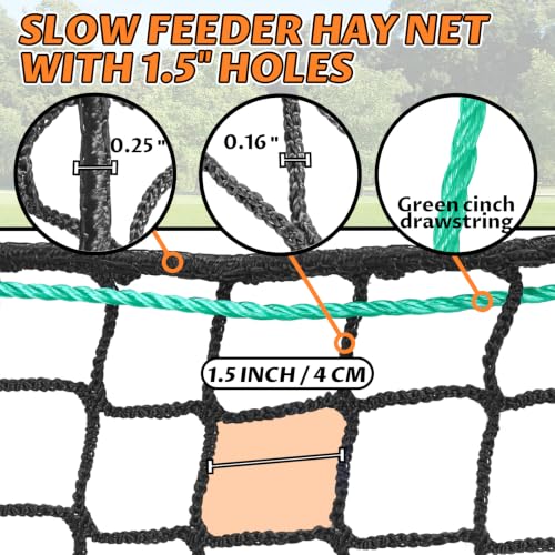 YedsIntu 4x4 ft Round Bale Hay Net for Horses, Slow Feeder Hay Nets with 1.5 inches Holes, Knotless Hay Feeder Bag for Goats Cattle Sheep Livestock - size: 4x4 ft