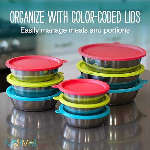 Messy Mutts 6 Piece Set, 3 Stainless Bowls and 3 Silicone Lids, Large | Set Of Three Stainless Dog Bowls And Three Airtight Silicone Lids For Meal Prep, Storage, And Travel - size: Large, 3 Cups per Bowl