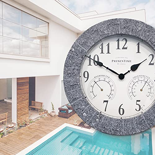Sandstone Outdoor Clock | Weather Station with Thermometer & Hygrometer, 14", Gray Sandstone Finish, Outdoor Wall Décor