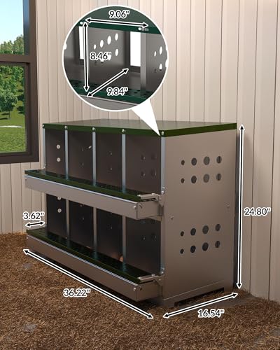Galvanized Steel Chicken Nesting Boxes, 8-Hole Laying Boxes with Front Egg Tray ＆ Vent, Roll Away Nesting Box for Hens, Includes 8 Training Eggs, Green - color: Green