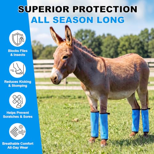 Donkey Fly Boots Set of 4, UV-Proof Breathable Mesh Leg Wraps with Built-in Nylon Support, Non-Slip Adjustable Closures, Summer Protection for Farm Donkeys, Pony, Mule(Mini,Blue,4) - color: Blue