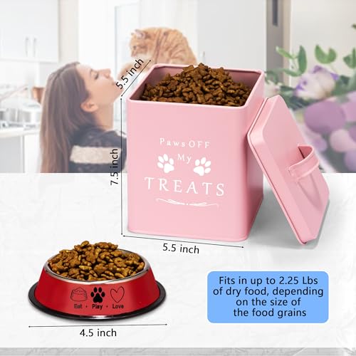 Meraki Home Farmhouse Cat Food and Treats Containers + Feed Scoop + Pet Food Bowl - Tight Lids - Large Metal Storage Bin - Great Gift for Cute Pets (Matte Pink) - color: Pink