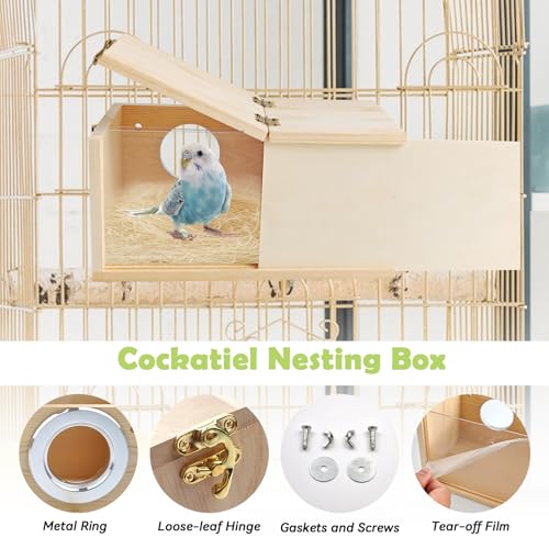 PINVNBY Nesting Box for Birds,Wooden Parakeet Nest Box with Detachable Board Transparent Visual Cockatiel House for Budgie Lovebird Conure Parrot (XL) - size: X-Large
