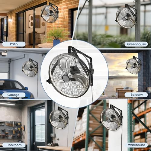 AHAWILL 16 Inch Wall Mount Fan with Lights,6-Speed High Velocity Wall Fan Dimmable Gazebo Fan,360°Adjustable Tilt Industrial Outdoor Fans for Patio,Garage,Workshop,Commercial,Black - size: 16 inch